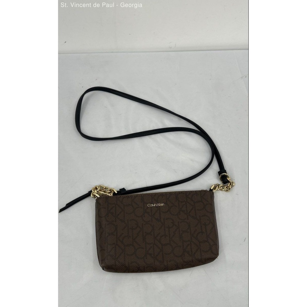Calvin Klein Brown Vegan Leather Monogram Crossbody Purse Bag Chain Strap Accent